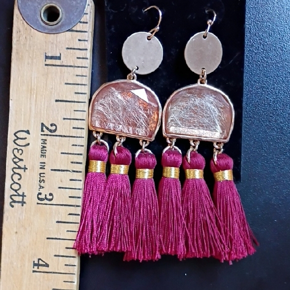 Gold Toned and Burgundy Tassel Earrings Fashion Costume Jewelry - Picture 5 of 5